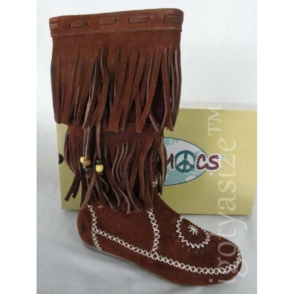 Peace Mocs Jamie Boot 7 NIB Suede Beaded Fringe Brown